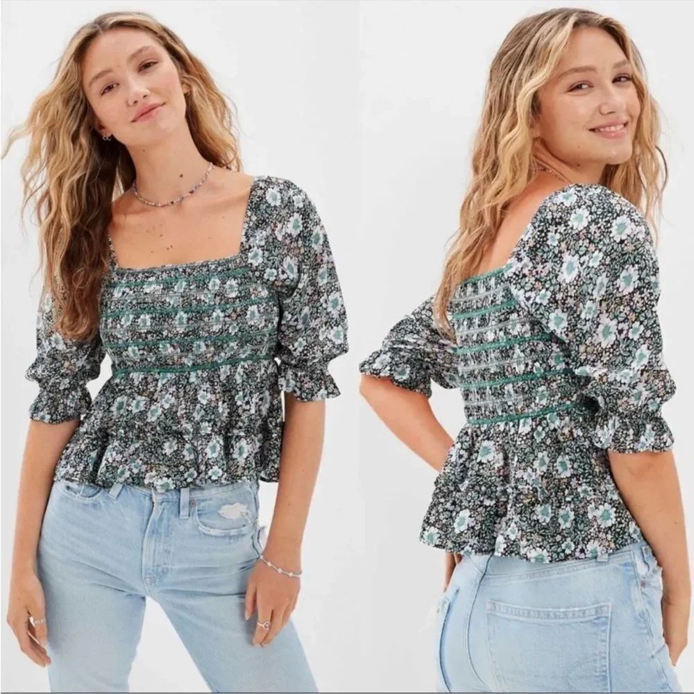 AE S Black Green Floral Square Neck Smocked Babydoll Quarter Sleeve Blouse
